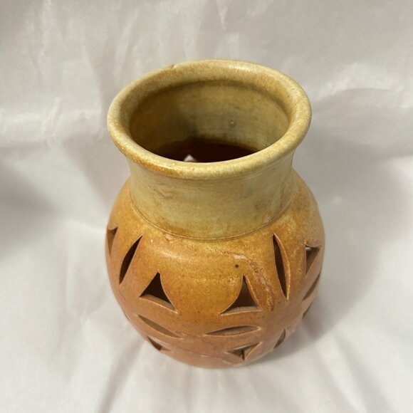 Walt Glass Art Pottery Signed Desert Brown Drip Cut Out Candle Holder Luminary - Picture 2 of 14